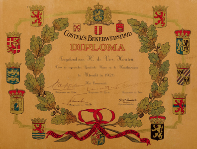  Diploma van Coster's Stremsel en Kleursel Fabriek te Gouda, toegekend aan H. de Vor te Houten