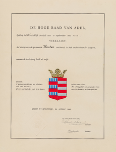  Verklaring (met omschrijving en tekening) van de Hoge Raad van Adel aan de gemeente Houten van de verlening van het ...