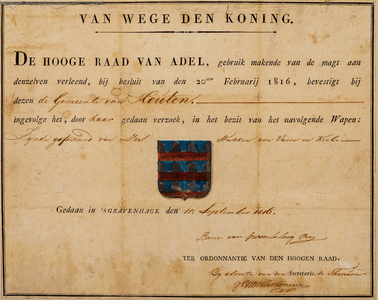  Bevestiging (met omschrijving en tekening) door de Hoge Raad van Adel van de gemeente Houten in het wapen van die gemeente