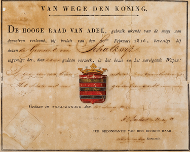  Bevestiging (met omschrijving en tekening) door de Hoge Raad van Adel van de gemeente Schalkwijk in het wapen van die ...