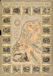  Kaart, met 20 randtekeningen, van Nederland in de Tweede Wereldoorlog