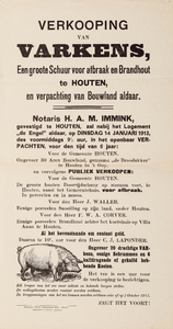  Aankondiging openbare verkoping door notaris H.A.M. Immink te Houten van varkens, een doorrijschuur voor afbraak en ...