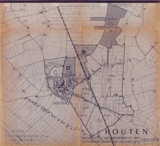  Plattegrond kern Houten met aanduiding van gebieden in verschillende fasen van verwerving door de gemeente Houten