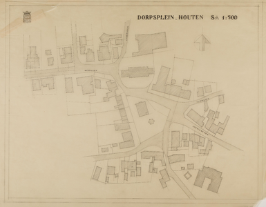  Situatietekening van en rond het Dorpsplein van Houten vóór de afbraak van het gemeentehuis