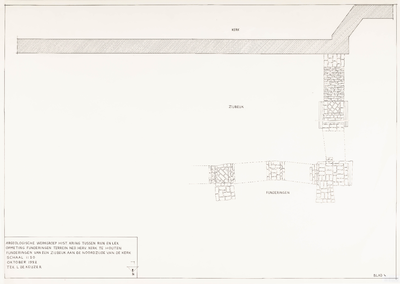  Werktekening van de opmeting van het terrein van de NH-kerk en van opgravingen van een zijbeuk aan de noordzijde van ...