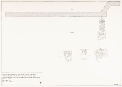  Werktekening van de opmeting van het terrein van de NH-kerk en van opgravingen van een zijbeuk aan de noordzijde van ...