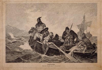  Tekening van een Vikingschip op volle zee