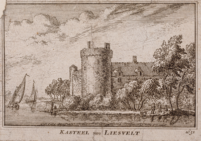  Gezicht over de gracht op huis Liesveld in Groot-Ammers naar de situatie in 1631