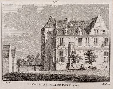  Gezicht over de gracht op het Huis te Echteld met toegangsbrug in 1728