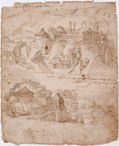  Pentekening (2x) met een gezicht op een kasteel op een bergrug waarschijnlijk in Italië