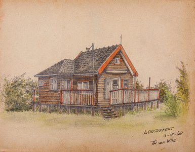  Potloodtekening (ingekleurd) van een op palen staand houten huisje met een varande te Loosdrecht