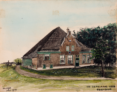  Potloodtekening (ingekleurd) van de stolpboerderij De Lepelaar (1883) in de Beemster