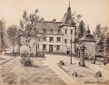  Potloodtekening van het vooraanzicht van kasteel Rijckholt te Zuid-Limburg
