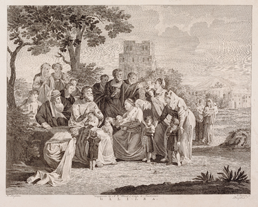  Prent van een bijbels tafereel, getiteld Galilea, met Christus en een groep luisterende personen
