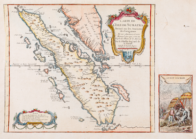 Carte de l'Isle de Sumatra dréssée sur les journaux des navigateurs (ingekleurd)