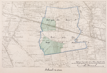  Topografische kaart van het gebied tussen Veenendaal en Ede met aangegeven de grenzen van enkele kadastrale secties ...