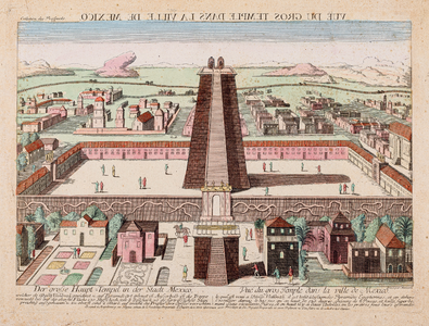 Plattegrond (met opstallen) van de hoofdtempel van Mexico-stad (ingekleurd)
