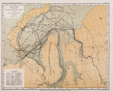  Kaart van de reizen in en door de Karische Zee en naar de Ob en Jenissei 1870-1879