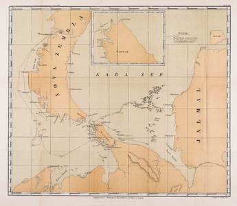  Kaart van de tocht van de Nederlandse Poolexpeditie met de Varna in 1882-1883 naar de Karazee