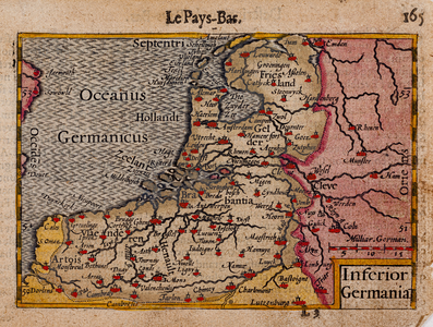  Kaart getiteld Inferior Germania. Le Pays-Bas' (ingekleurd)