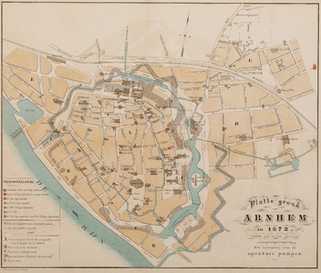  Plattegrond van Arnhem in 1872 met aanwijzing van de openbare pompen.