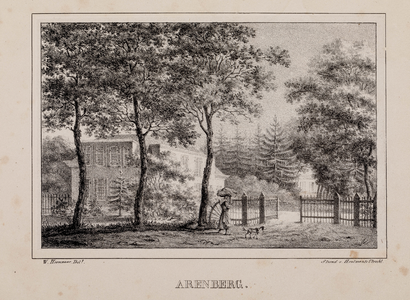  Gezicht door een bomenrij (met een openstaand hek) op de zij- en voorgevel van huis Arenberg te De Bilt met een ...