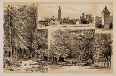  Compositie in één van vier afbeeldingen met (middenboven) Gezicht op Amersfoort, (rechtsboven) Gezicht op de kerktoren ...