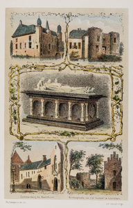  Compositie in één van vijf afbeeldingen met (linksboven) huis Linschoten, (rechtsboven) huis Montfoort, (midden) ...