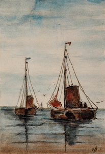 67568 Twee bomschuiten die aan een Hollands strand aanmeren