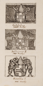  Afbeelding van het wapen van Godefridus (28ste bisschop van Utrecht), van Balduinus II (29ste bisschop) en van ...
