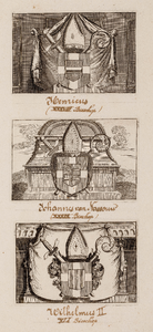  Afbeelding van het wapen van Henricus (38ste bisschop van Utrecht), van Johannes van Nassouw (39ste bisschop) en ...