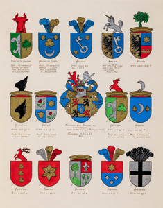  Blad met ingekleurde afbeeldingen van 15 Friese familie-wapens van Abbema toe Huysum tot en met Arensma (blad 1)