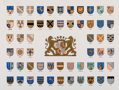  Blad met de wapens van 56 Utrechtse gemeenten gedrapeerd rond het wapen van de provincie Utrecht