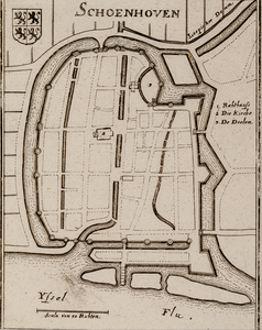  Plattegrond van Schoonhoven aan de IJssel met stadsmuur, torens en bolwerken