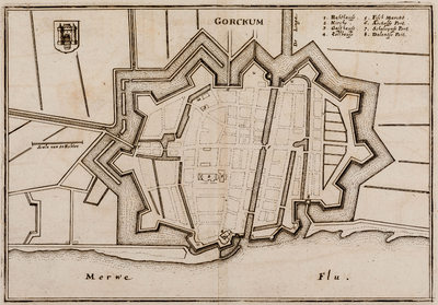  Plattegrond van Gorkum aan de Merwede met stadsmuur, torens en bolwerken