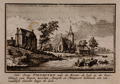  Gezicht over de Lek over het dorp Tienhoven met kerk en een huis