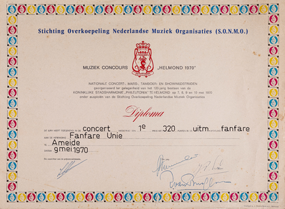  Diploma (1ste prijs) voor de Fanfare Unie te Ameide, behaald bij het Muziek Concours Helmond 1970