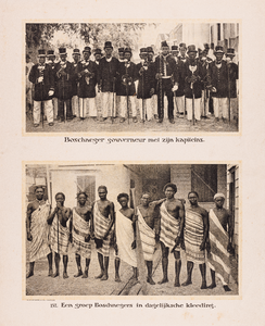 157 157. Boschneger gouverneur met zijn kapiteins. Een groep Boschnegers in dagelijksche kleeding.