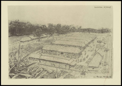 Kamp Si Rengorengo. Tekening van D.J. Dragt, 1945.<br/>NIOD 179496 <a class=uline href=http://www.beeldbankwo2.nl target=_blank>Beeldbank WO2</a>