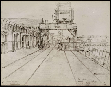 The Amsterdam quay in the JCJL Camp in Tandjoeng Perak. Drawing by P.H. Estourgie, 1942.&lt;br/&gt;NIOD 179507 &lt;a class=uline href=http://www.beeldbankwo2.nl target=_blank&gt;Beeldbank WO2&lt;/a&gt;