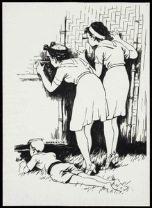 Two girls and a boy peek through the gedek, probably in camp Ambarawa 7. Drawing by J. Gabriëlse, 1943-1944.&lt;br/&gt;NIOD 179560 &lt;a class=uline href=http://www.beeldbankwo2.nl target=_blank&gt;Beeldbank WO2&lt;/a&gt;