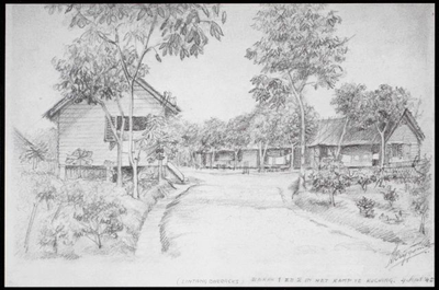 Barracks 1 and 2 in the Batu Lintang Camp near Kuching. Drawing by A. Krijgsman, September 4th, 1945.&lt;br/&gt;NIOD 179828 &lt;a class=uline href=http://www.beeldbankwo2.nl target=_blank&gt;Beeldbank WO2&lt;/a&gt;