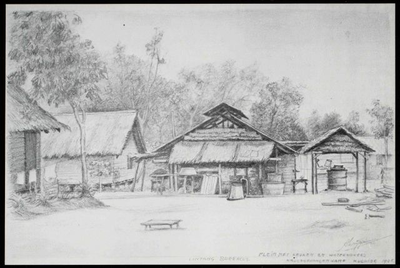 Kitchen and water cookery in Batu Lintang Camp near Kuching. Drawing by A. Krijgsman, 1945.&lt;br/&gt;NIOD 179830 &lt;a class=uline href=http://www.beeldbankwo2.nl target=_blank&gt;Beeldbank WO2&lt;/a&gt;