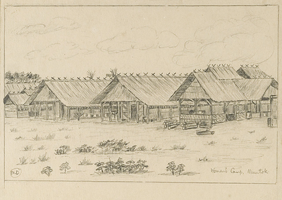 Day and sleeping quarters in the womens' camp in Muntok. Drawing by M. Dryburgh, made between October 1944 and April 1945.&lt;br/&gt;KITLV 36D724 &lt;a class=uline href=http://kitlv.pictura-dp.nl target=_blank&gt;beeldbank van het KITLV&lt;/a&gt;