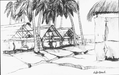 Three barracks in the Blom Camp in Maoemere. Reproduction of a drawing by A.L.A. Gout.&lt;br/&gt;NIOD 57882 &lt;a class=uline href=http://www.beeldbankwo2.nl target=_blank&gt;Beeldbank WO2&lt;/a&gt;