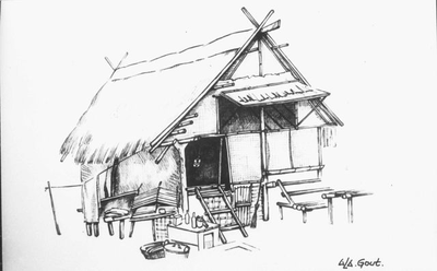 House of the 'hombo'-team in the Blom Camp. These men were put on fatigue by the Japanese guards. Reproduction of a drawing by A.L.A. Gout.&lt;br/&gt;NIOD 57883 &lt;a class=uline href=http://www.beeldbankwo2.nl target=_blank&gt;Beeldbank WO2&lt;/a&gt;